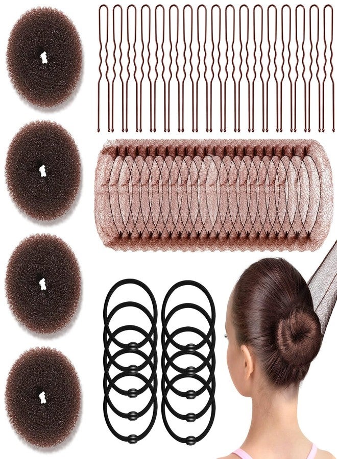 YINGFENG 134 Pcs Brown Hair Bun Maker Kit for Kids Small - 4 Hair Donuts for Buns, 20 Hair Nets for Buns, 100 U Shaped Bobby Pins, 10 Hair Bands, for Girls, Ballet Dance, Hair Accessories for Women - Image 1